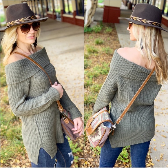 ✨LAST ONE✨Olive Off Shoulder/Cowl Neck Sweater - Picture 4 of 6